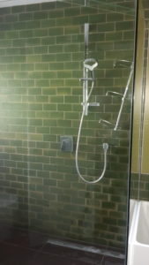 Shower Glass Restoration Complete although heavy staining of calcuim still present on shower tiles
